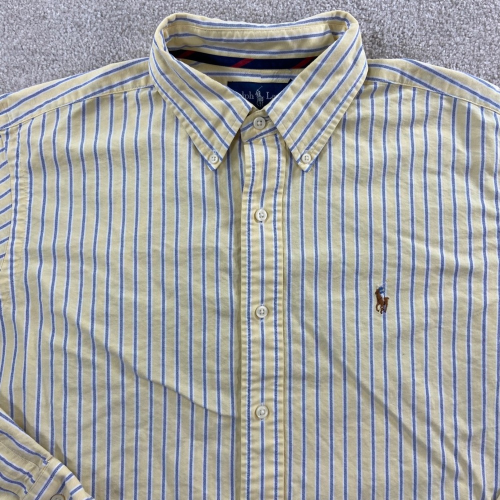 Ralph Lauren Button Down Shirt Mens L Yellow Blue Striped Classic Fit Oxford
